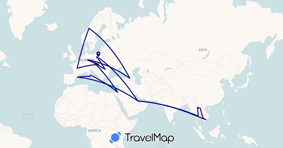 TravelMap itinerary: driving in Armenia, Czech Republic, Germany, Spain, France, Georgia, Israel, Italy, Cambodia, Laos, Myanmar (Burma), Norway, Poland, Qatar, Romania, Slovakia, Thailand, Vietnam (Asia, Europe)